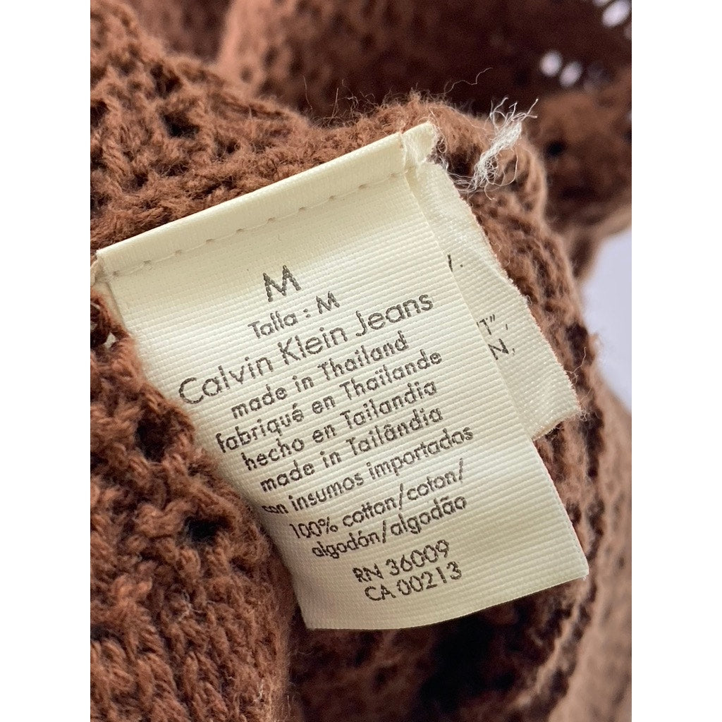 CALVIN KLEIN JEANS Women's Brown Crochet Knit V-Neck Short Sleeve Top SZ M