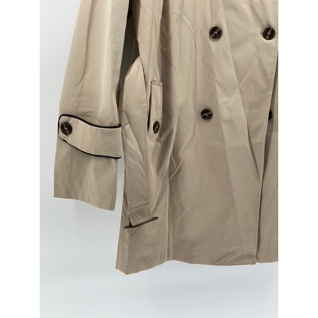 UNBRANDED Women's Khaki-Black Double-Breasted Notch Collar Belted Coat SZ M