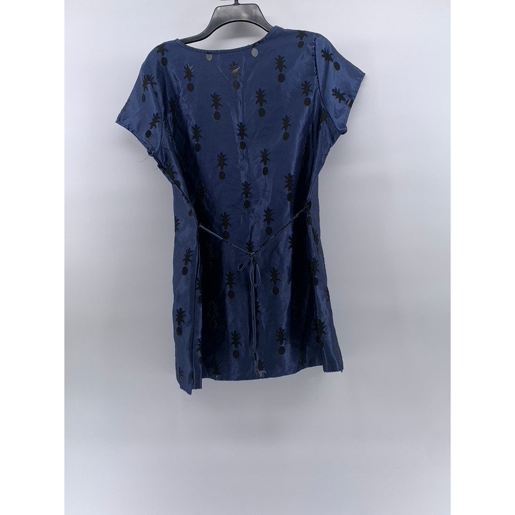 CABRAIS COLLECTION Women's Blue Pineapple Crewneck Short Sleeve Mini Dress SZ 12