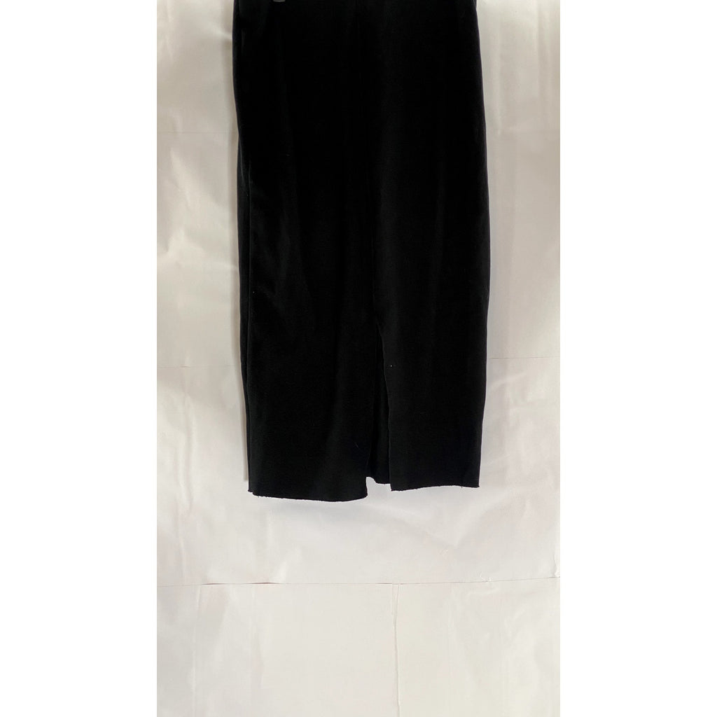 ZARA Women's Black Rib Knit Elasticized Waist Back-Slit Midi Skirt SZ L