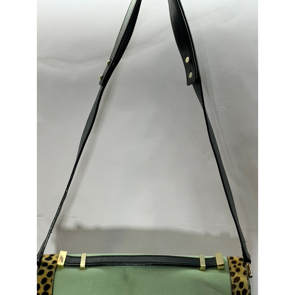 LEOFFLER RANDALL Women's Green/Animal Print Calf Hair Rider Satchel Bag