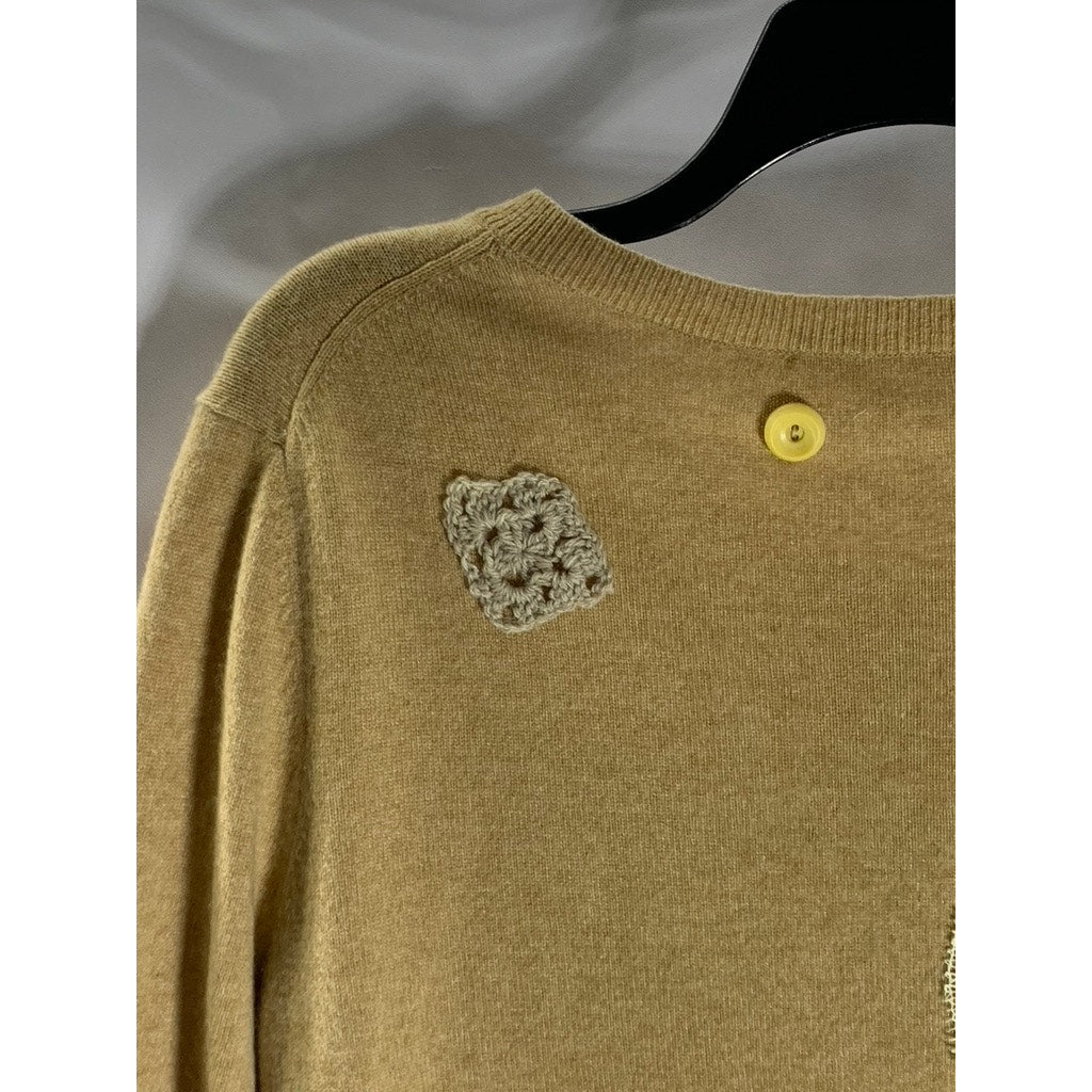 FLORAL AVE Women's Tan Cashmere Patch/Button Design Button-Up Cardigan SZ S