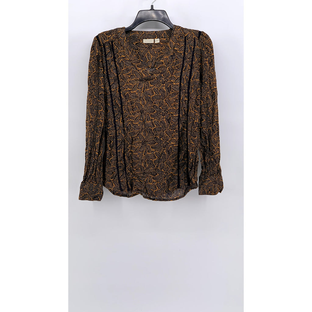 HINGE Women's Brown Textured Dot Print Long Sleeve Lace Stripe Top SZ S