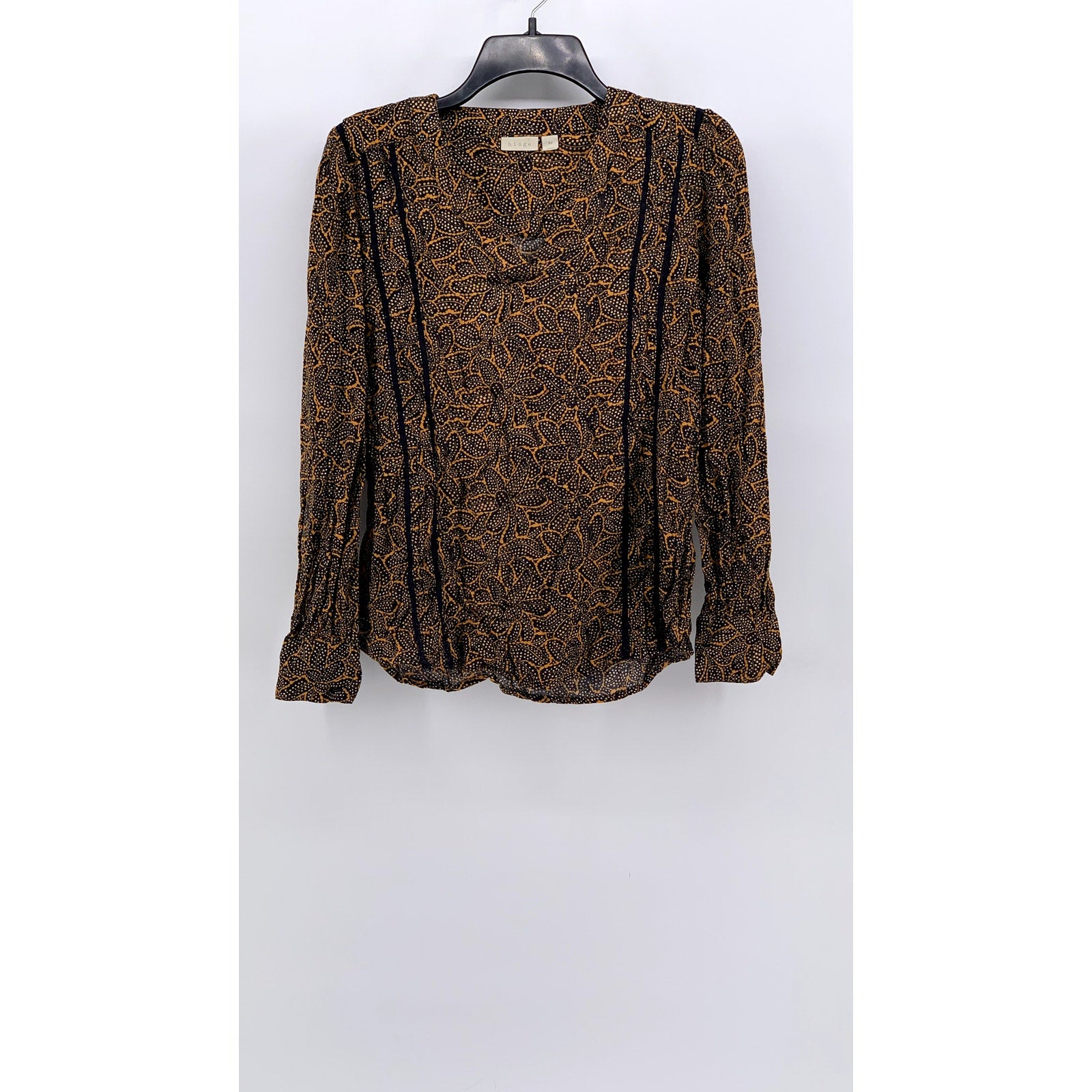 HINGE Women's Brown Textured Dot Print Long Sleeve Lace Stripe Top SZ S