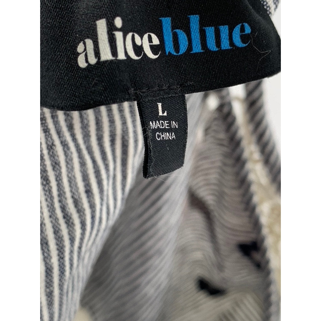 ALICE BLUE Women's Gray-White Striped Embroidered Floral Lace-Trim Top SZ L