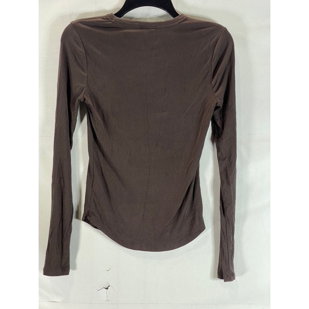 SUNDAY BEST ReRib Women's Dark Brown Ribbed Crewneck Long Sleeve Top SZ S