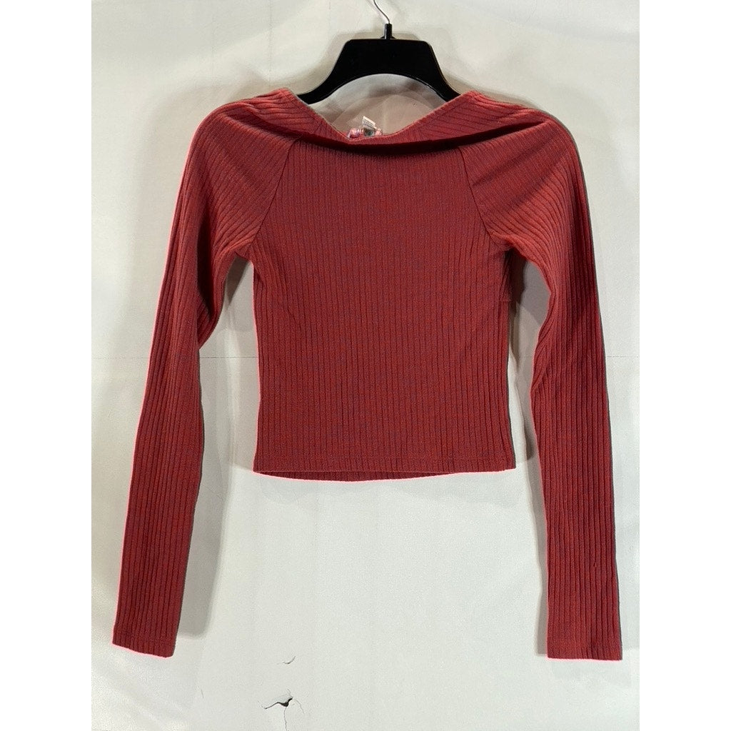 URBAN OUTFITTERS Women's Red Ribbed Square-Neck Long Sleeve Crop Top SZ S