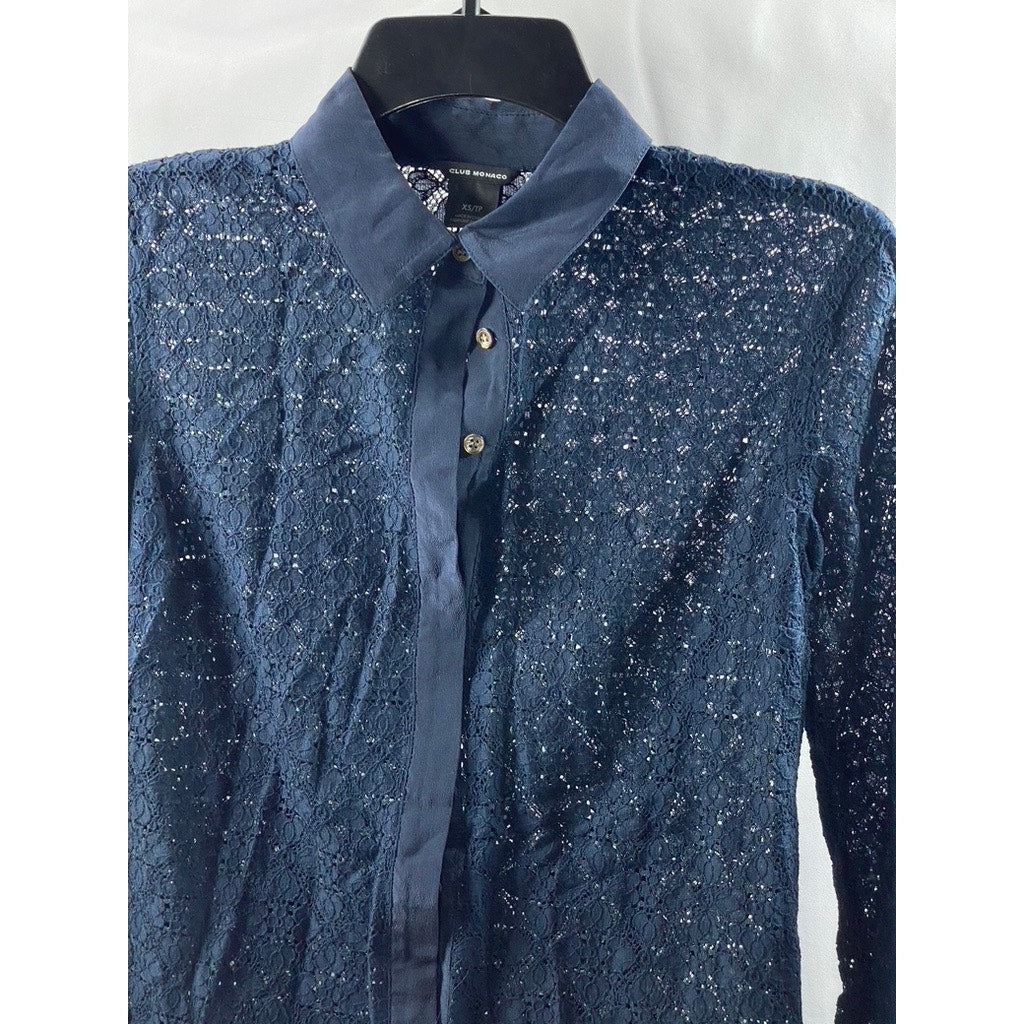CLUB MONACO Women's Navy Floral Lace Button-Up Long Sleeve Top SZ XS