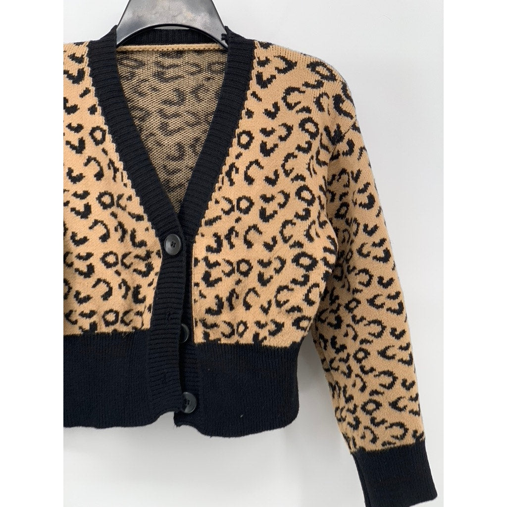 UNBRANDED Women's Black-Brown Leopard Cropped Knit Long Sleeve Cardigan SZ S
