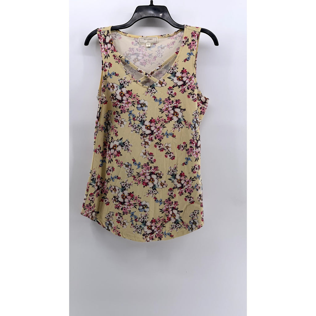 NO COMMENT NY LA Women's Tan Floral V-Neck Cutout Sleeveless Top SZ L