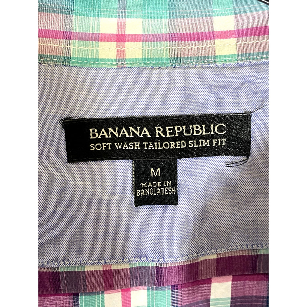 BANANA REPUBLIC Men's Purple-Teal Plaid Tailored Slim-Fit Button-Up Shirt SZ M