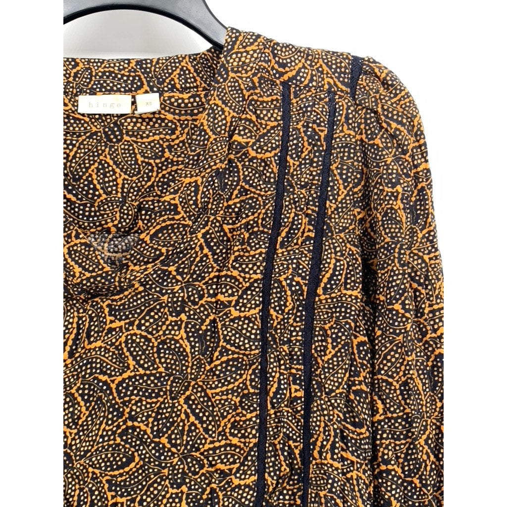 HINGE Women's Brown Textured Dot Print Long Sleeve Lace Stripe Top SZ S