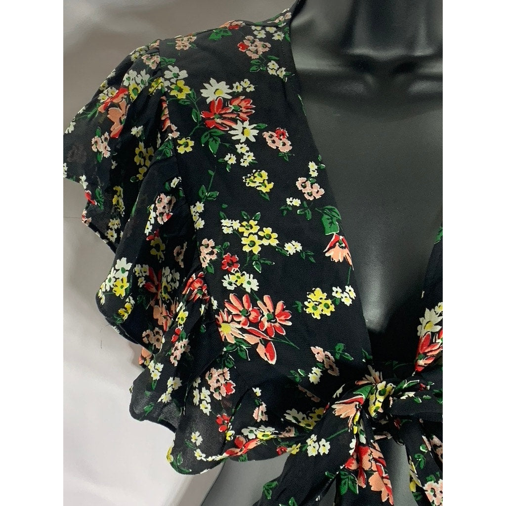 JILL JILL STUART Women’s Black Floral Flutter Sleeve Wrap Crop Top SZ S