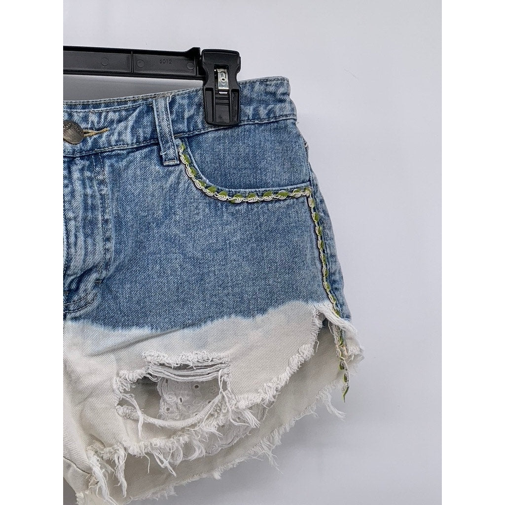 FREE PEOPLE Women's Blue-White Bleached Raw-Hem Distressed Cut-Off Shorts SZ 27