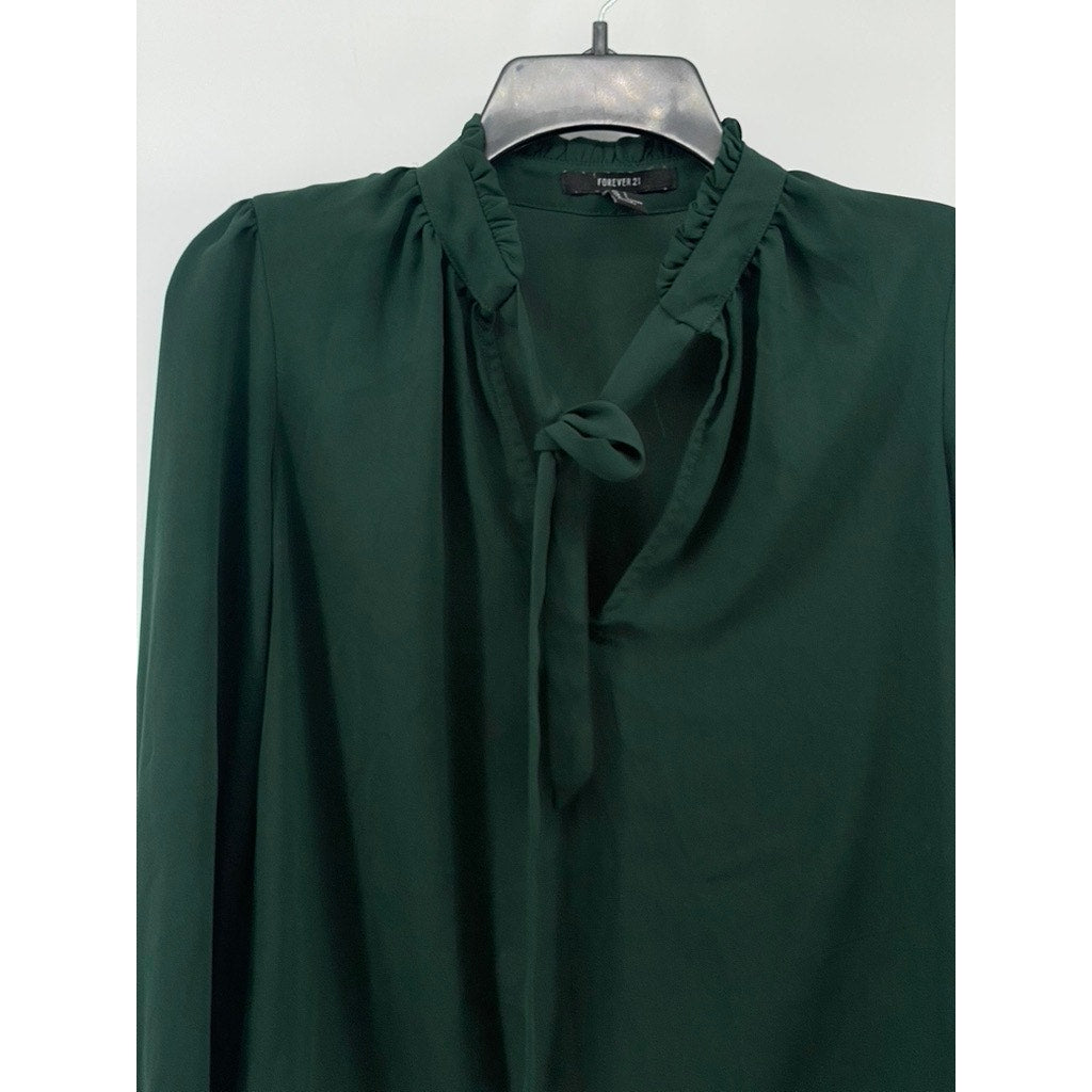 FOREVER 21 Women's Forest Green Semi Sheer Ruffle Tie-Neck Long Sleeve Top SZ S