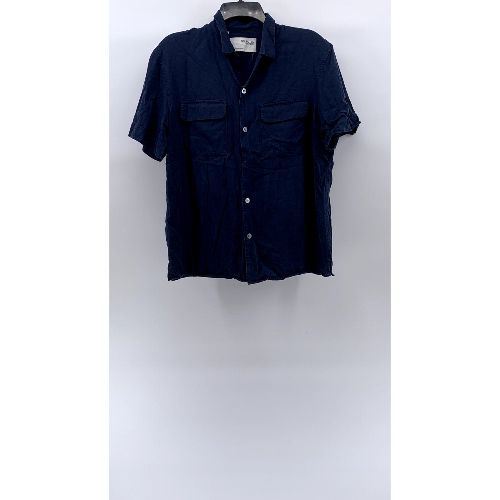 SELECTED HOMME Men's Dark Blue Regular-Fit Button-Up Short Sleeve Shirt SZ M