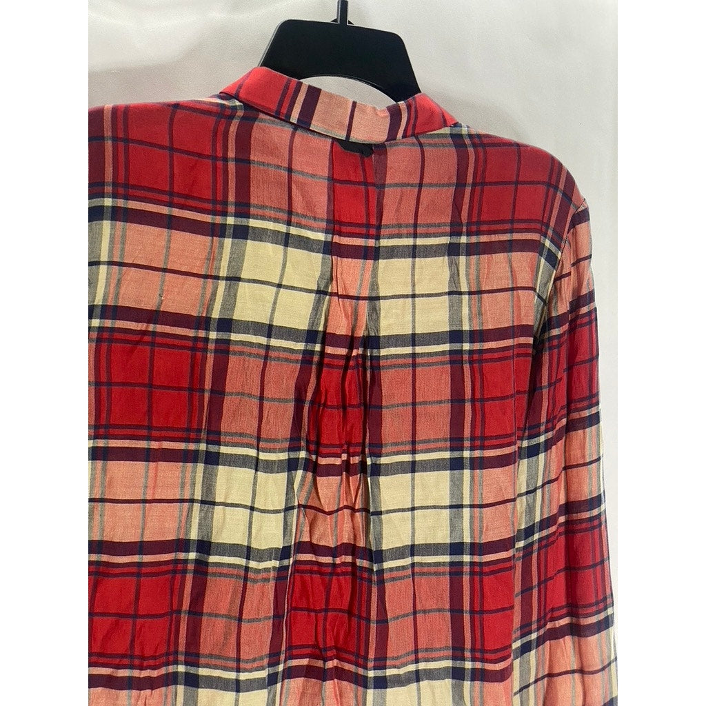 ZARA BASIC Women’s Red Plaid Regular-Fit Button-Up Long Sleeve Top SZ L