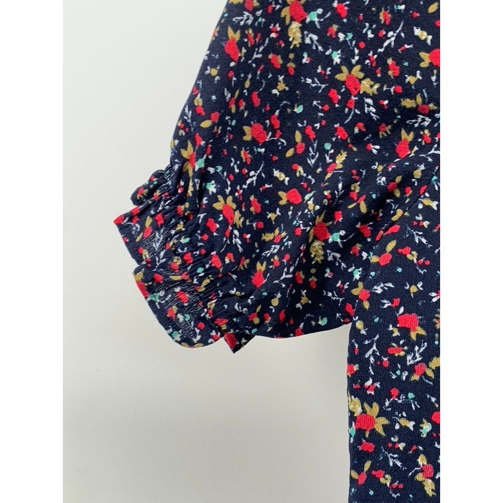 ESSUE Women's Navy Floral Elbow Sleeve V-Neck Tie-Waist A-line Dress SZ S