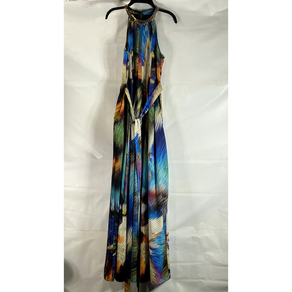 RANNA GILL Women's Blue Multi Tropical Tie-Waist Embellished Halter Dress SZ S
