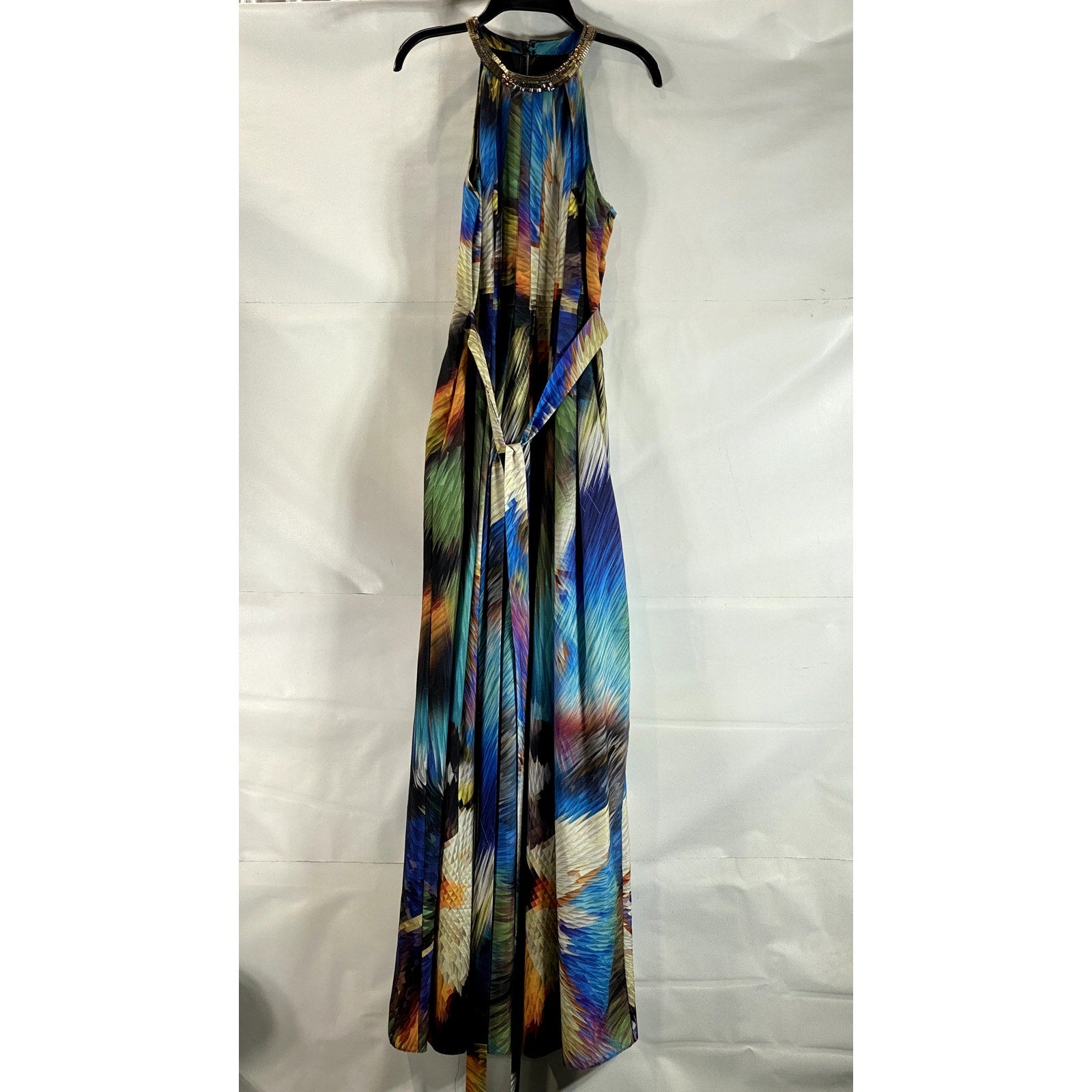 RANNA GILL Women's Blue Multi Tropical Tie-Waist Embellished Halter Dress SZ S