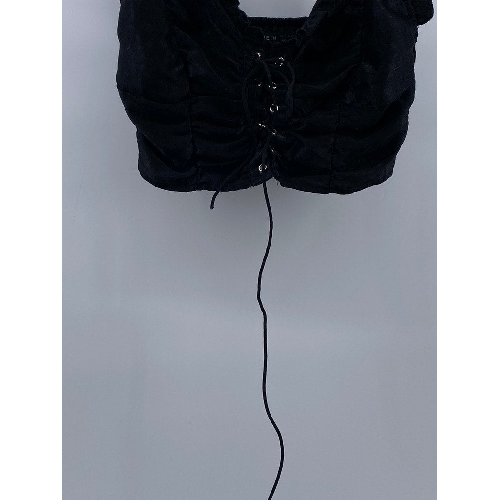 SHEIN Women's Black Ruffle-Trim Spaghetti Strap Cropped Lace-Up Top SZ 4