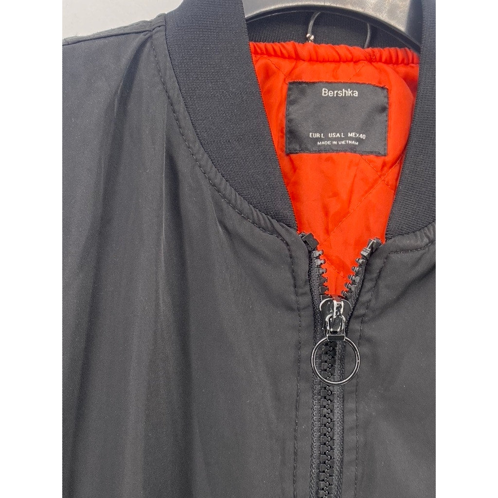 BERSHKA Men's Black Zip-Up Long Sleeve Bomber Jacket SZ L