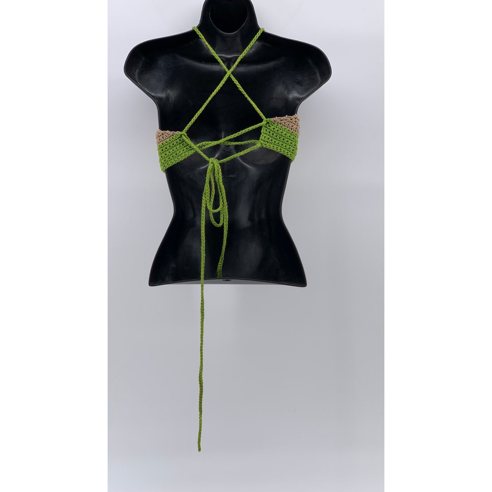 UNBRANDED Women's Green-Brown Crochet Knit Halter Open-Back Crop Top SZ M