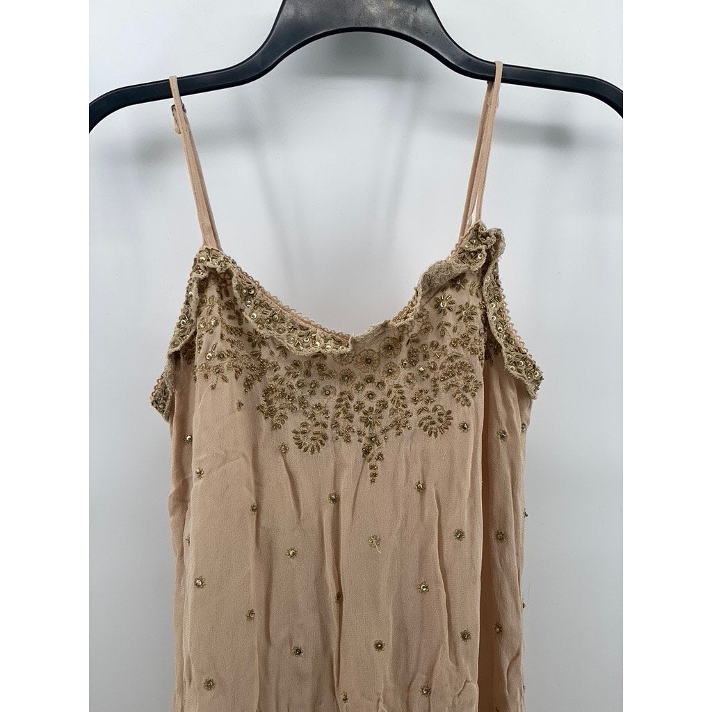 LOVE SAM Women's Petite Beige Sequin Embellished Sheer V-Neck Mini Dress SZ S/P