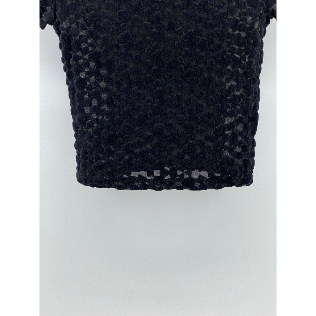 ZARA W&B Women's Black Mesh Textured Mock-Neck Short Sleeve Cropped Top SZ S