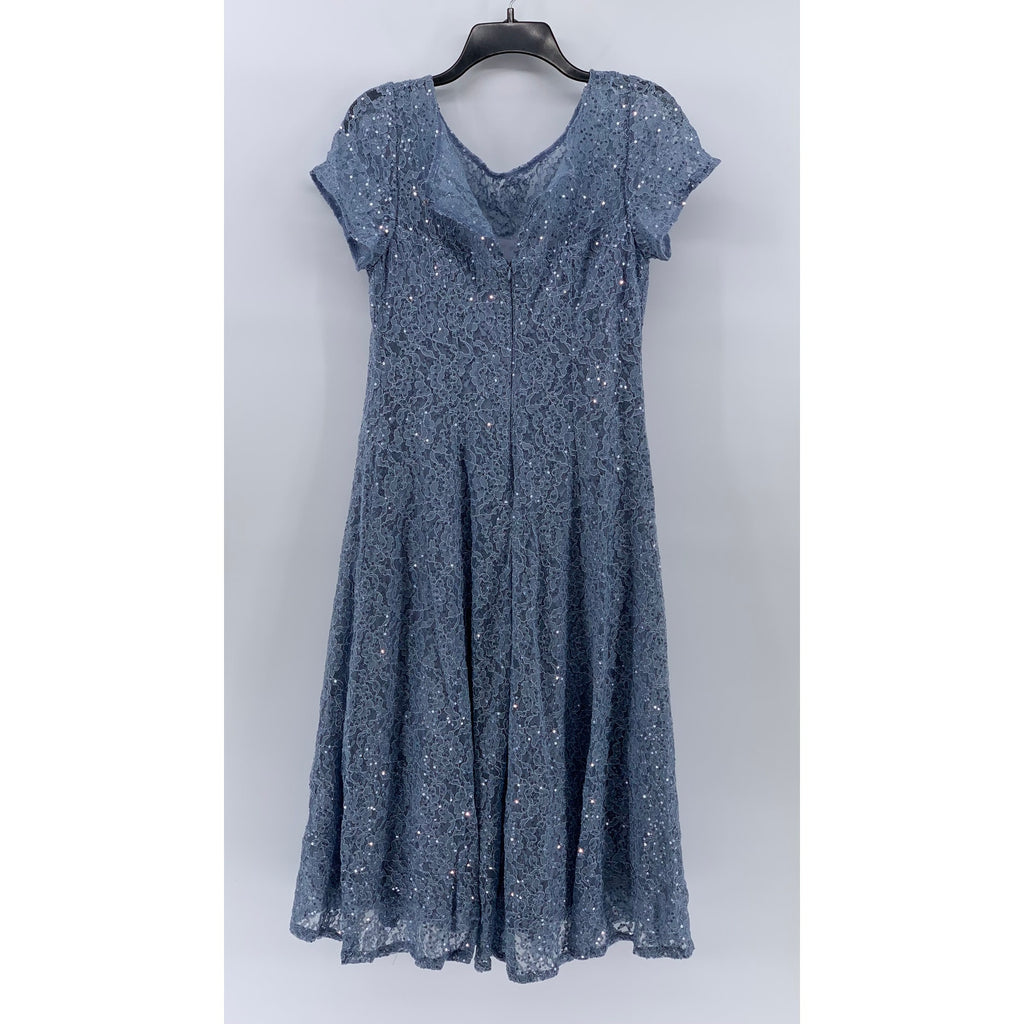 SLNY Women's Blue Sequin Embellished Floral Lace Short Sleeve A-Line Dress SZ 10