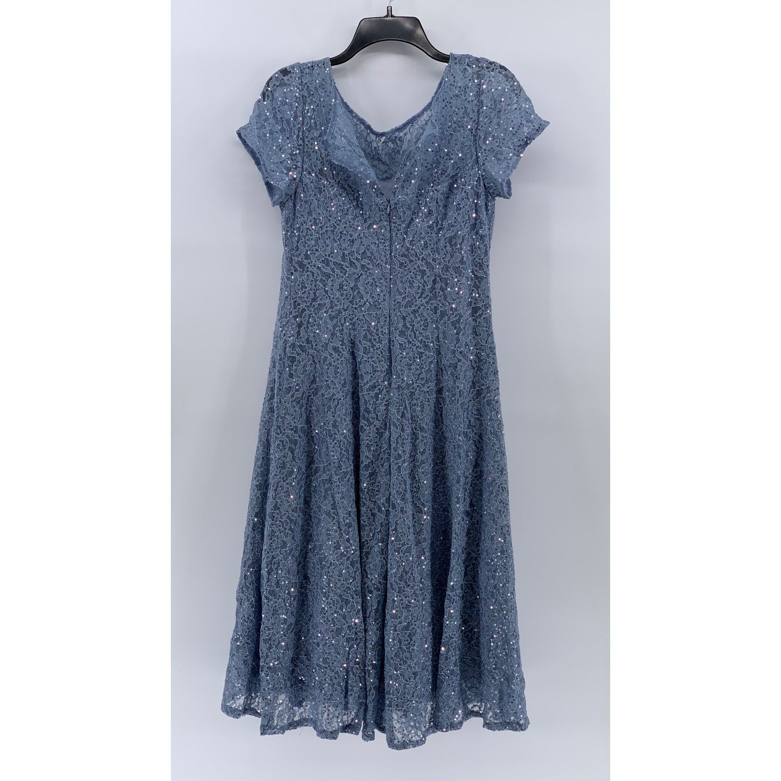 SLNY Women's Blue Sequin Embellished Floral Lace Short Sleeve A-Line Dress SZ 10