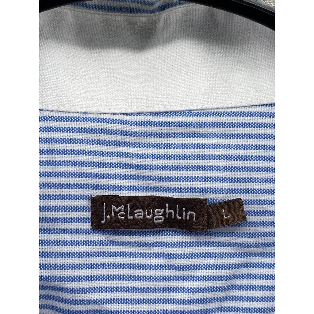 J.MCLAUGHIN Men's Blue-White Micro Stripe Button-Up Regular-Fit Shirt SZ L