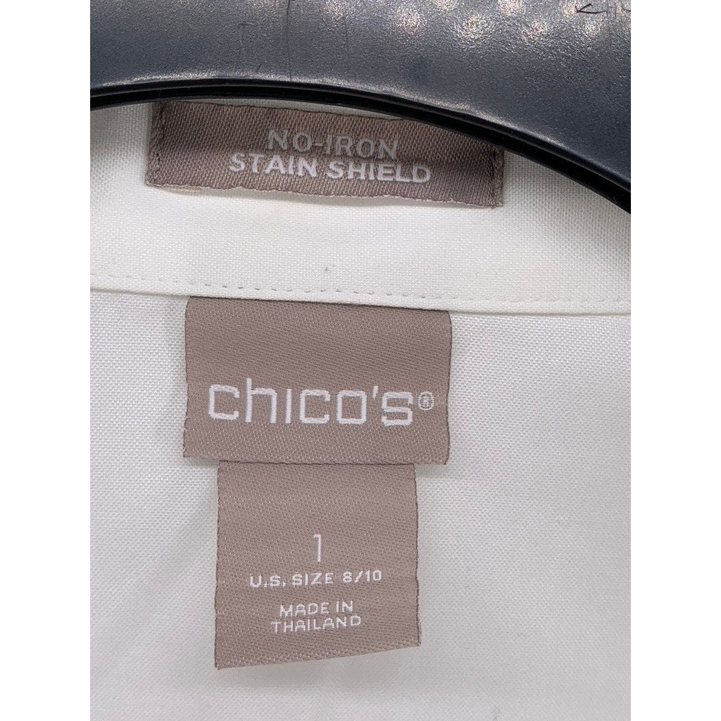 CHICO'S Women's Plus White Solid Stain-Shield Button-Up Top SZ 1