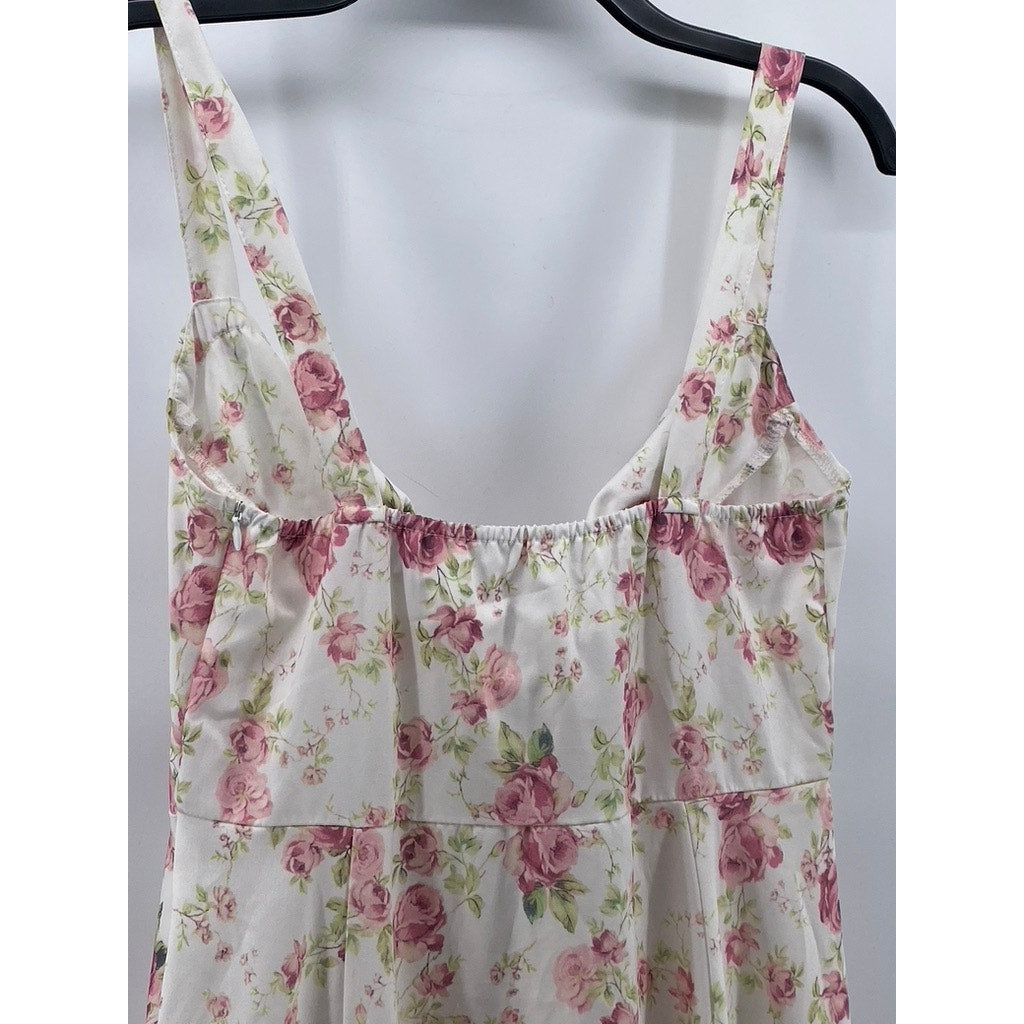 UNBRANDED Women's White-Pink Floral Sweetheart-Neck Side Slit Maxi Dress SZ M