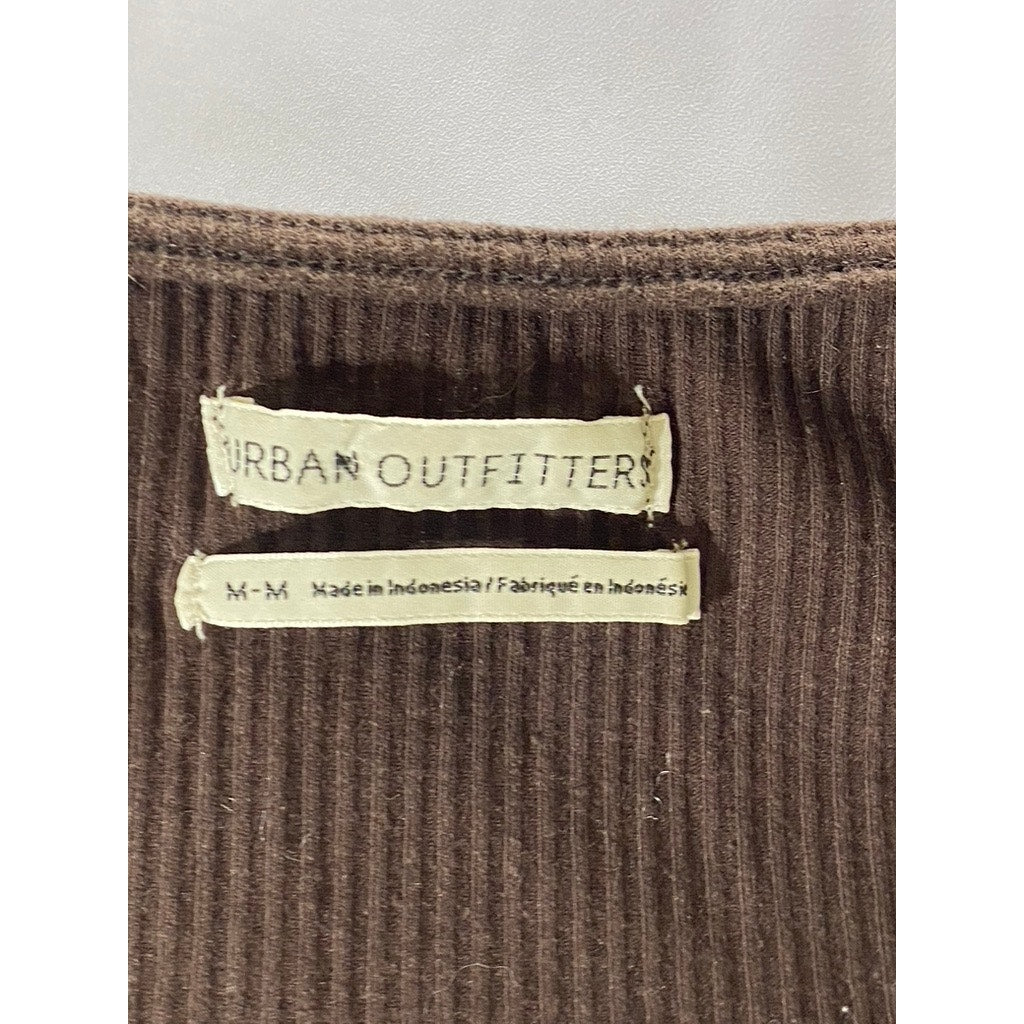 URBAN OUTFITTERS Women’s Brown Ribbed Straight-Neck Short Sleeve Cropped Top SZM
