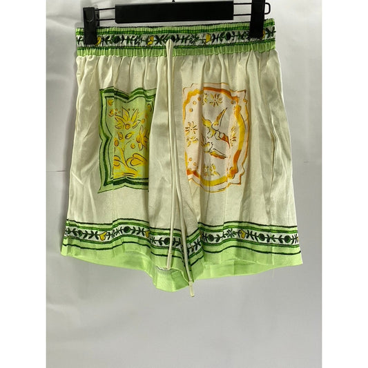 UNBRANDED Women's Green/Cream Print Drawstring Waist Pull-On Shorts SZ S