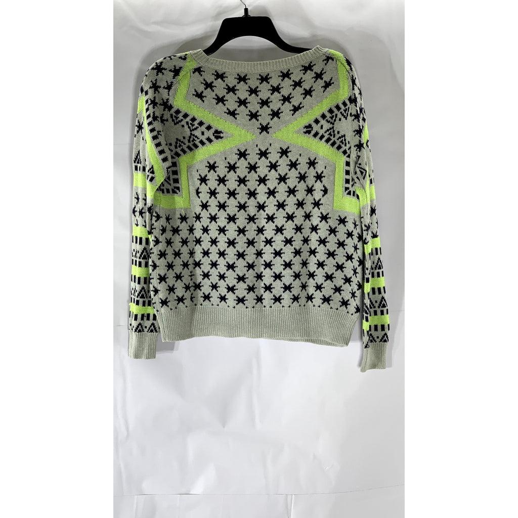 UNBRANDED Women's Gray-Neon Green Star-Print Long Sleeve Knit Sweater SZ M