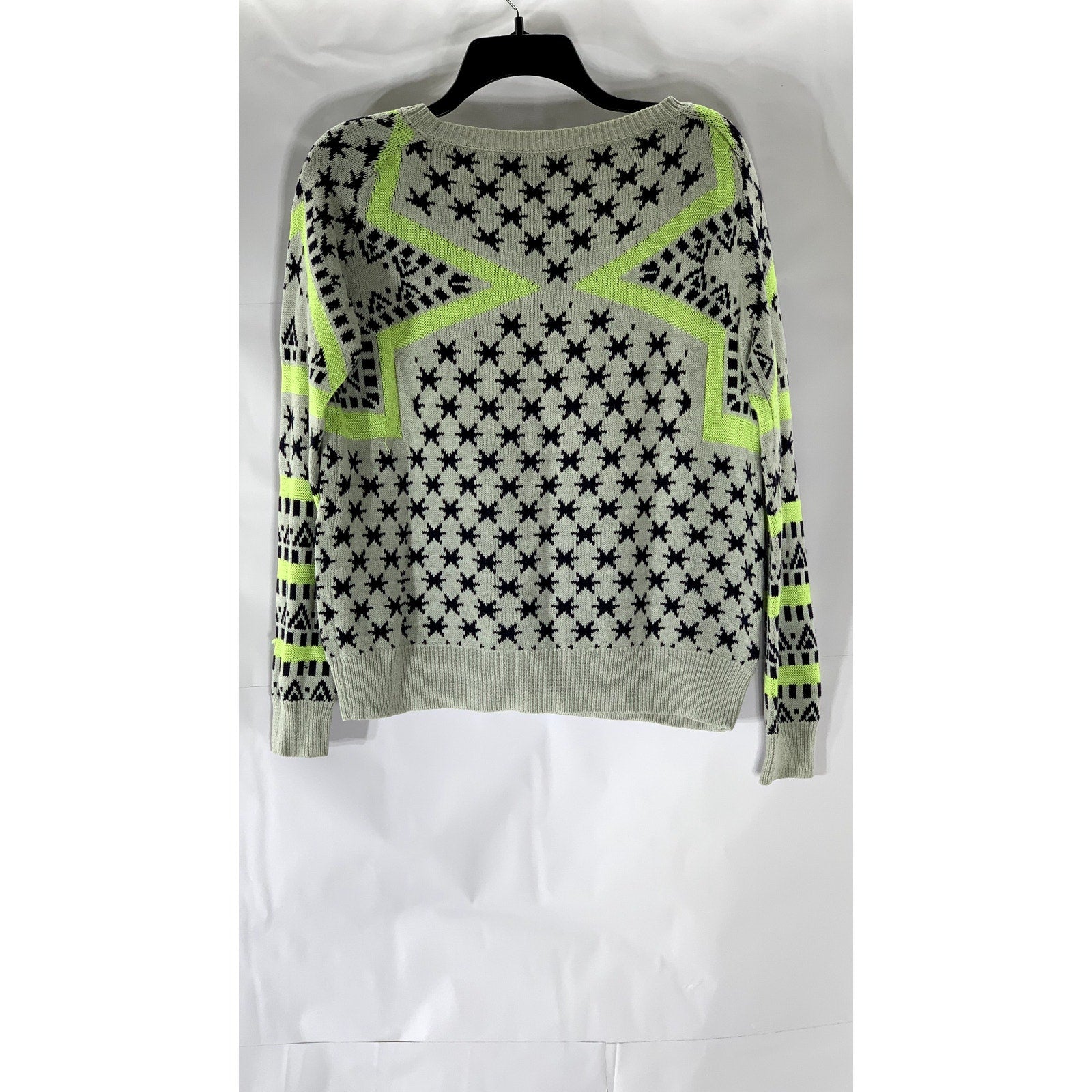 UNBRANDED Women's Gray-Neon Green Star-Print Long Sleeve Knit Sweater SZ M