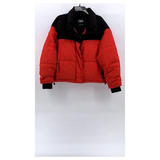 ZARA Women’s Red-Black Colorblock Zip-Up Stand Collar Puffer Jacket SZ M