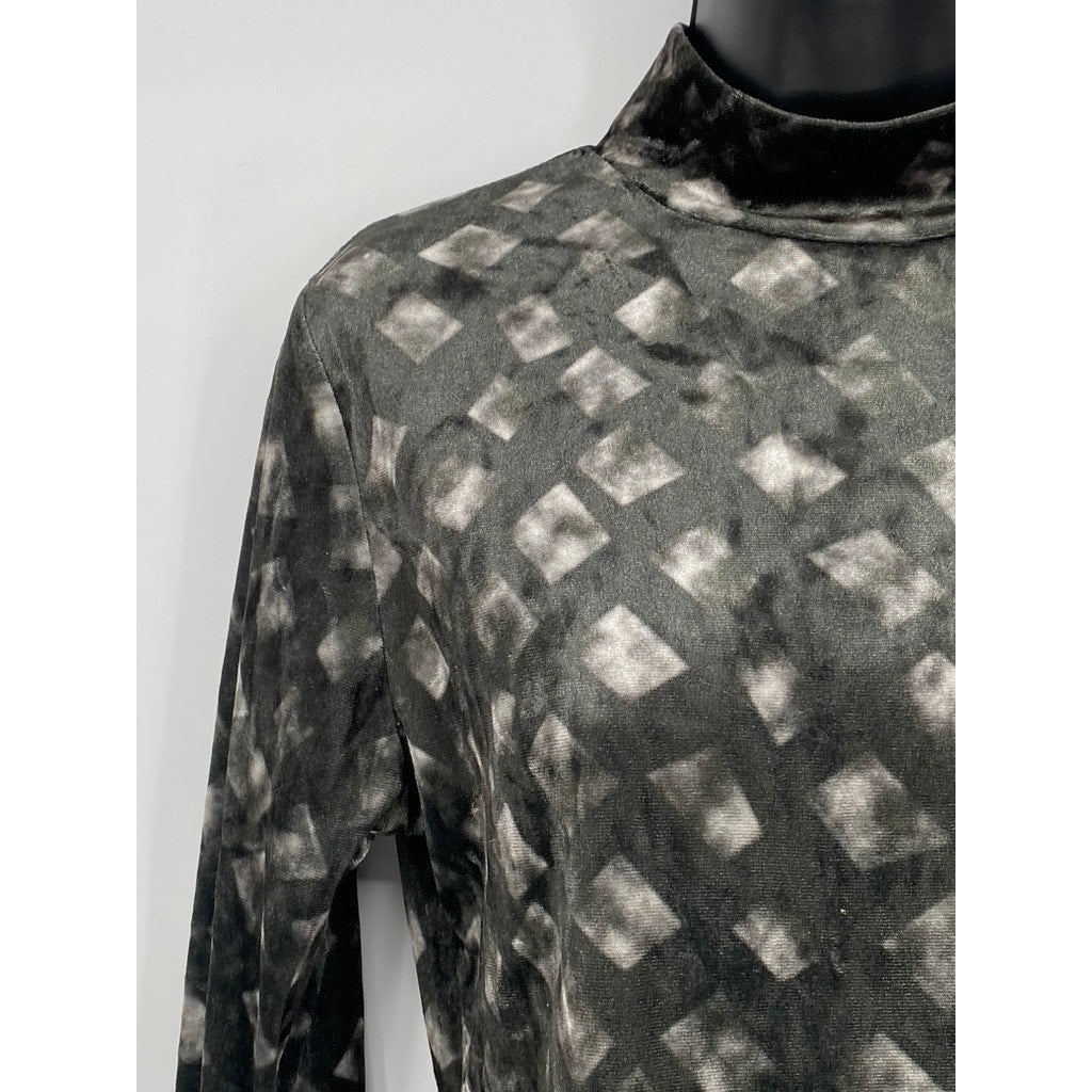 NOVELIA Women’s Charcoal Gray Printed Velvet Long Sleeve Turtleneck Top SZ M