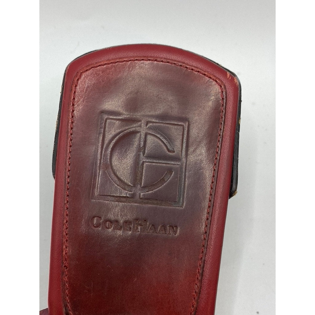 COLE HAAN Women's Red Leather Woven Square Open-Toe Block Heel Sandals SZ 8.5