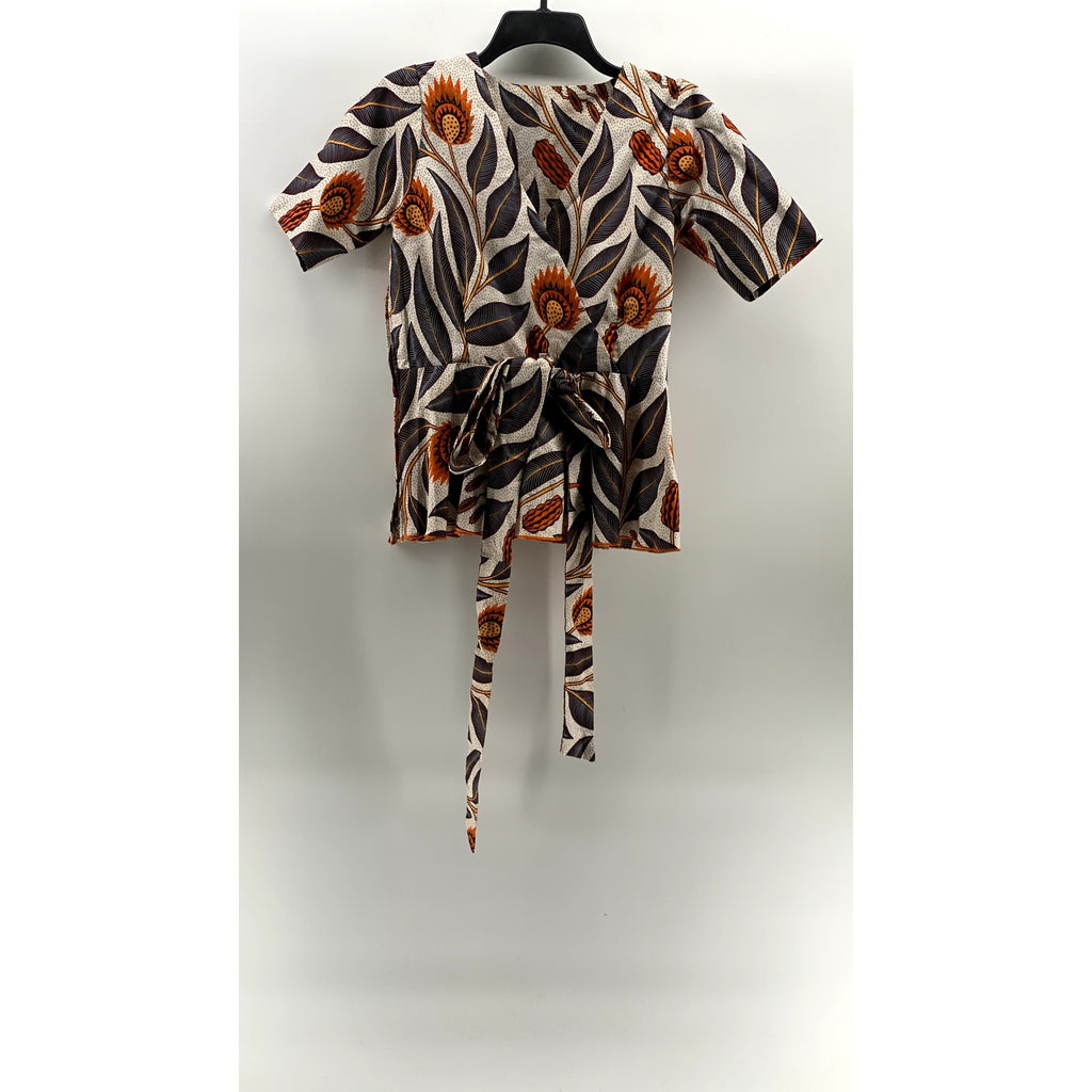 UNBRANDED Women's Brown Floral Print V-Neck Faux-Wrap Short Sleeve Top SZ S