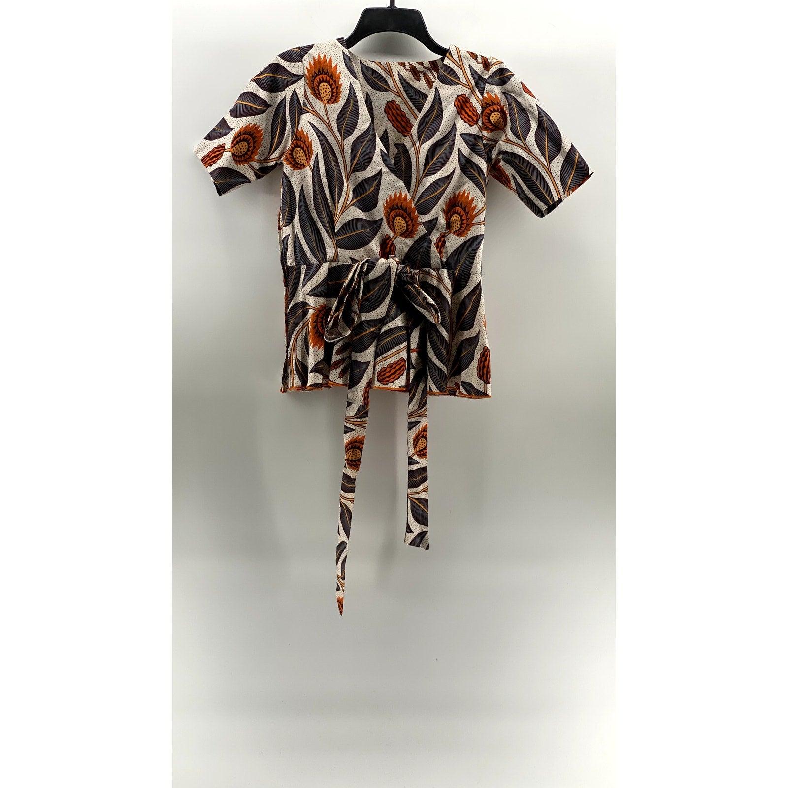 UNBRANDED Women's Brown Floral Print V-Neck Faux-Wrap Short Sleeve Top SZ S