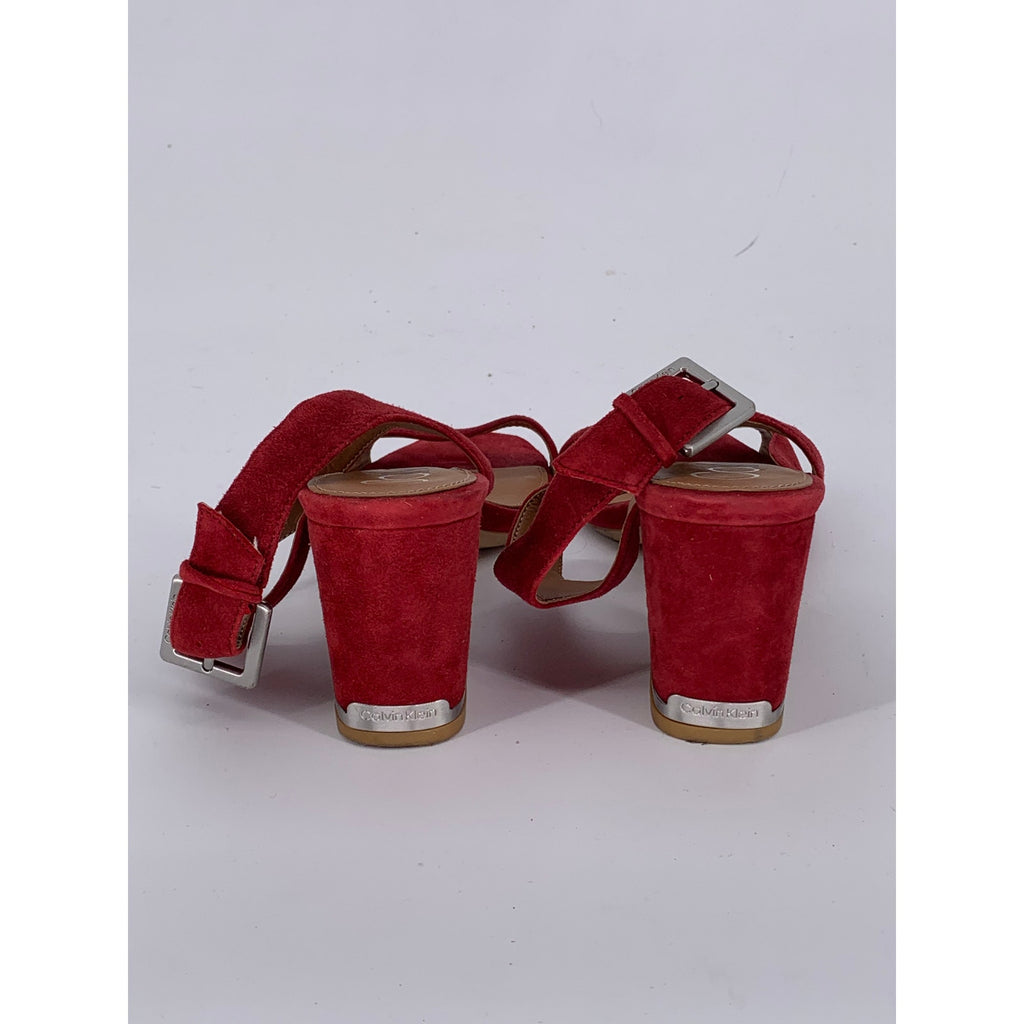 CALVIN KLEIN Women's Red Faux-Suede Open Toe Block-Heel Ankle Strap Sandals SZ 7