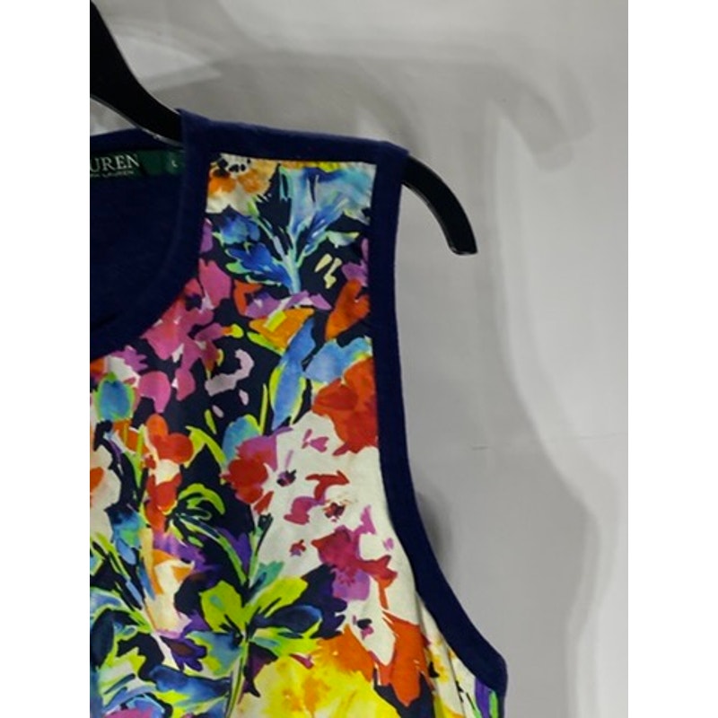 LAUREN RALPH LAUREN Women's Navy Silk Floral Crewneck Sleeveless Keyhole Top SZL