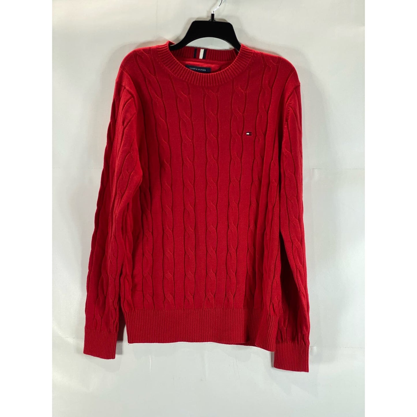 TOMMY HILFIGER Men's Red Cable-Knit Crewneck Flag Logo Pullover Sweater SZ M