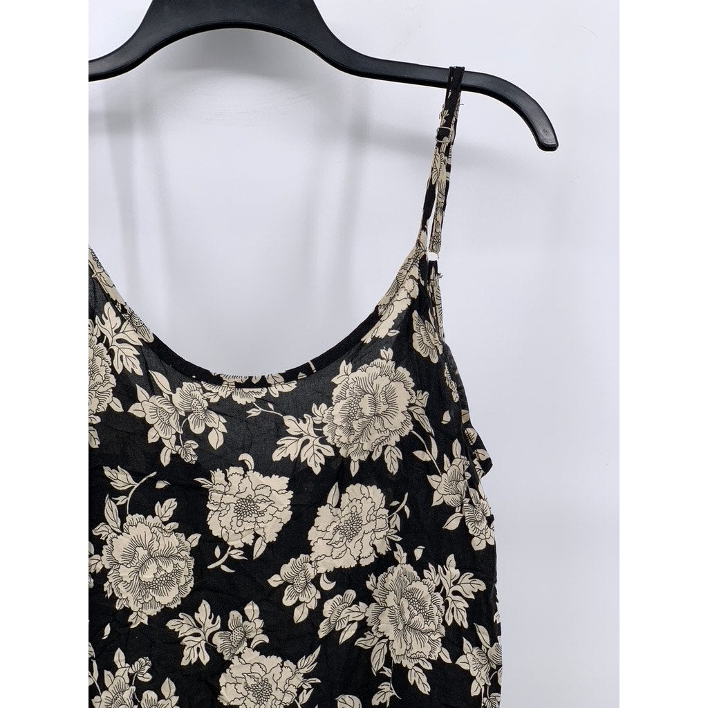 BRANDY MELVILLE Women’s Black-Beige Peony Print Scoop-Neck Slip Mini Dress SZ OS