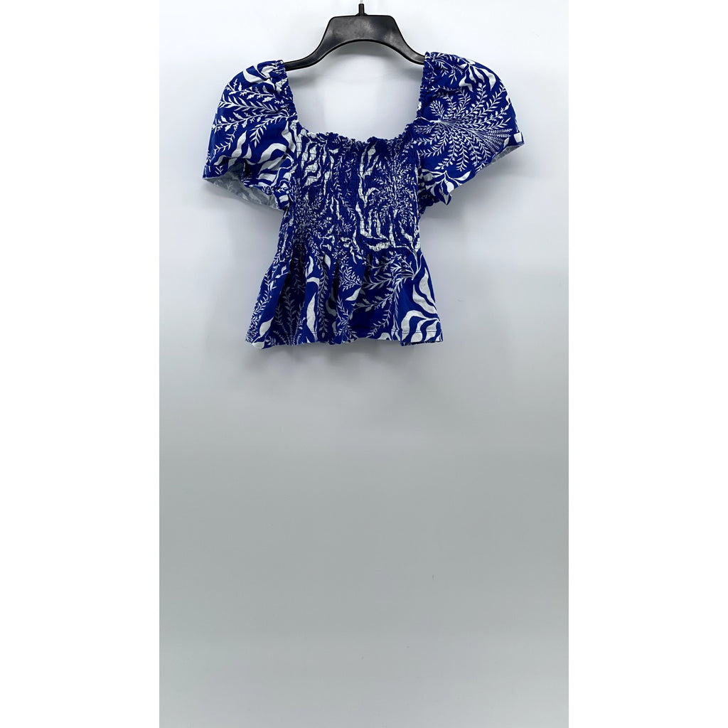 UNBRANDED Women's Dark Blue Printed Smocked Puff Short Sleeve Top SZ S