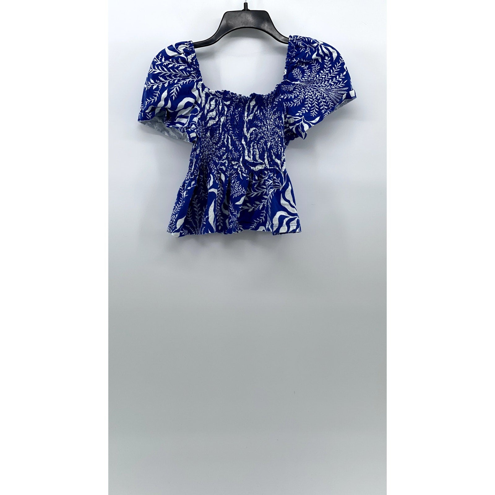 UNBRANDED Women's Dark Blue Printed Smocked Puff Short Sleeve Top SZ S