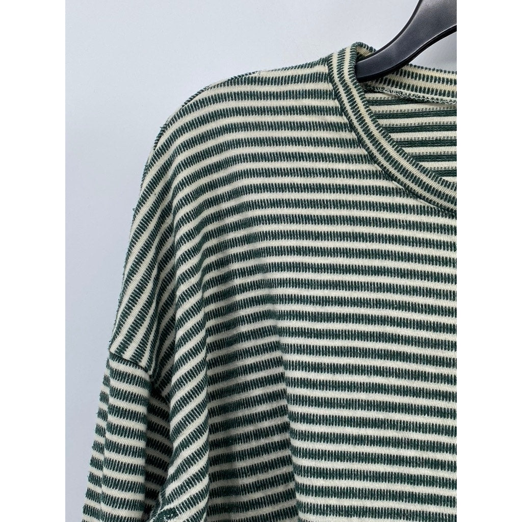 MADEWELL Women's Green-White Striped Crewneck Long Sleeve Knit Sleep Top SZ M